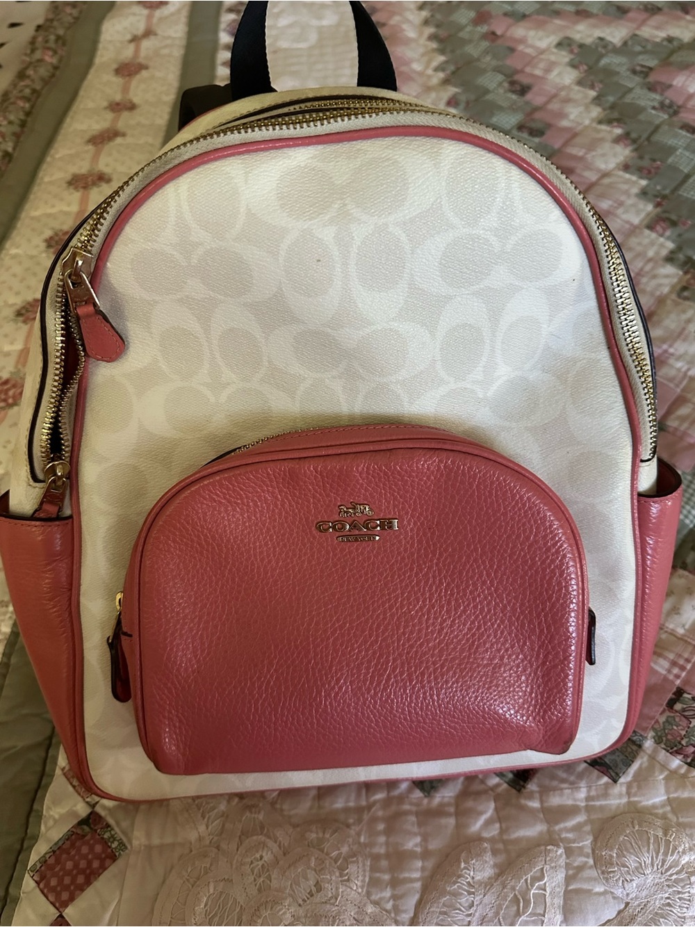 Coach White Signature Leather Mini Backpack with Pink Leather Trim